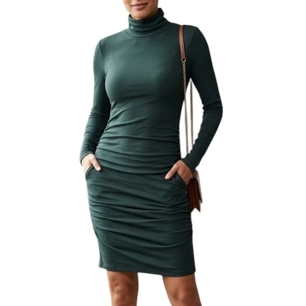Michael Stars Balsam Green Ribbed Ruched Turtleneck Bodycon Dress Medium NEW